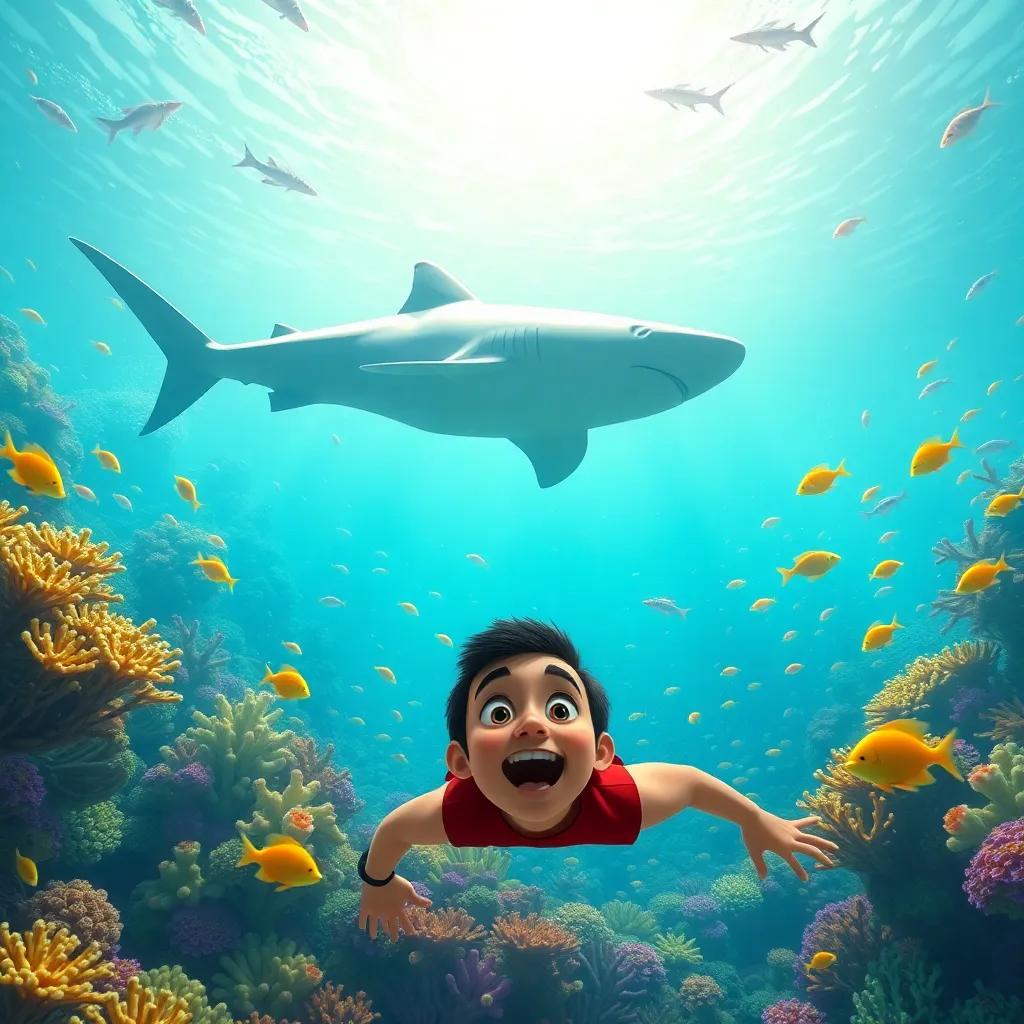 Waleed swimming excitedly, following the whale shark into deeper waters, beautiful coral garden filled with bright fish, amazed expression on Waleed's face, bright and colorful, lively underwater scene, high quality