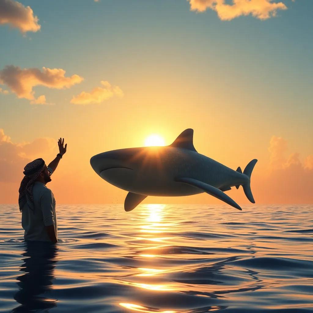 Waleed waving goodbye to the whale shark as it swims away, sunset over the ocean, golden light reflecting on the water, warm and nostalgic scene, high quality