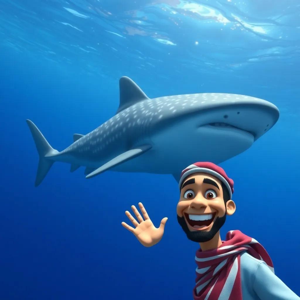 The whale shark swimming gracefully, fading into the blue ocean, Waleed in the foreground with a big smile, waving, cheerful farewell atmosphere, beautiful colors, high quality