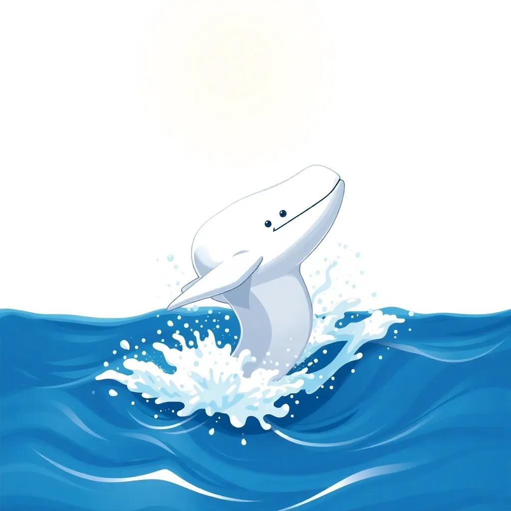A big white whale jumping out of the blue sea, splashing water everywhere, under a bright sunny sky, shining under the sunlight, digital illustration, cheerful mood, colorful