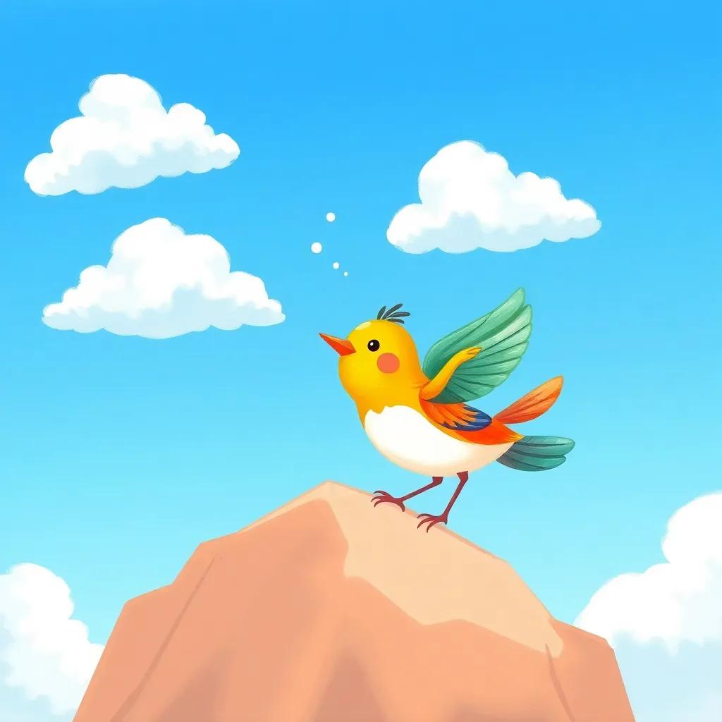 A little bird with colorful feathers and two shining wings flying above Waleed, chirping happily, surrounded by a clear blue sky and fluffy white clouds, illustration, playful, bright