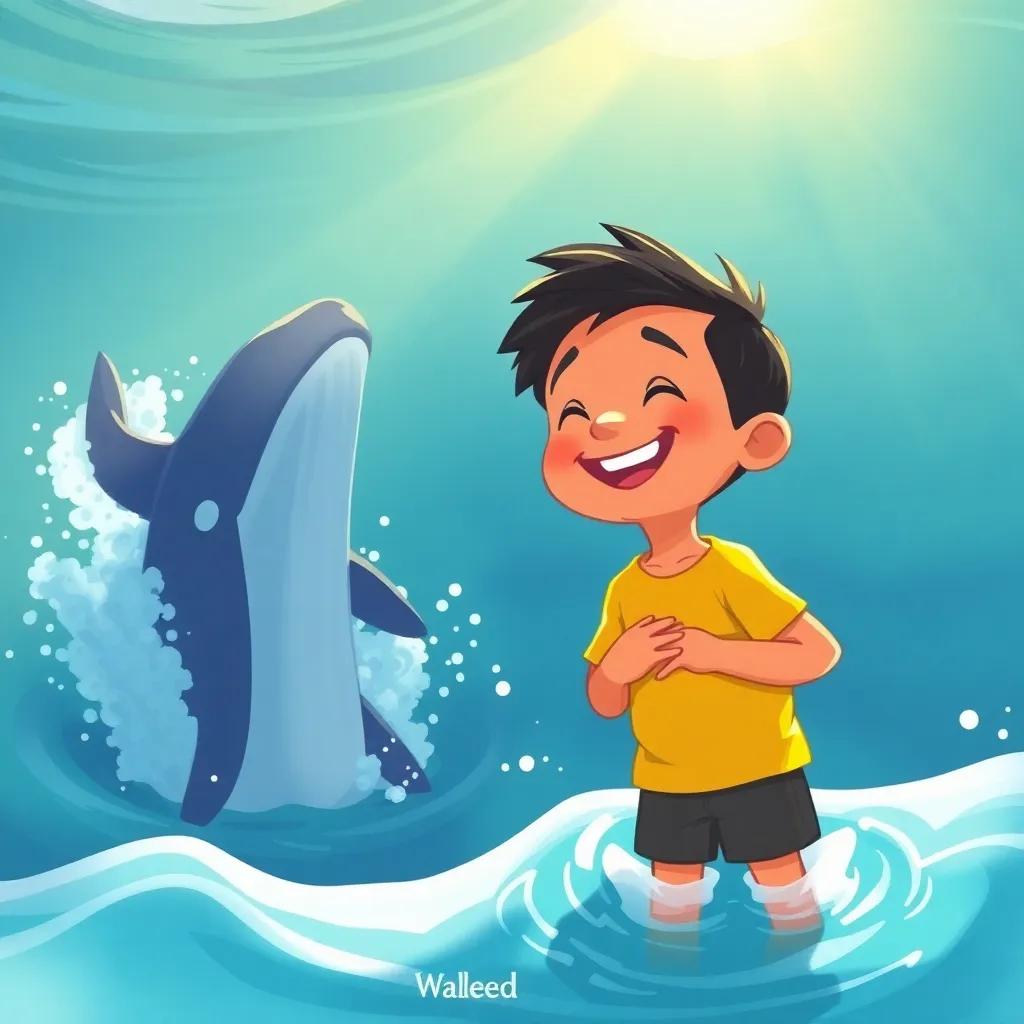 Waleed giggling as he watches the whale splash in the sea, with sunlit waves around him, feeling the cool water on his feet, digital art, warm colors, inviting scene