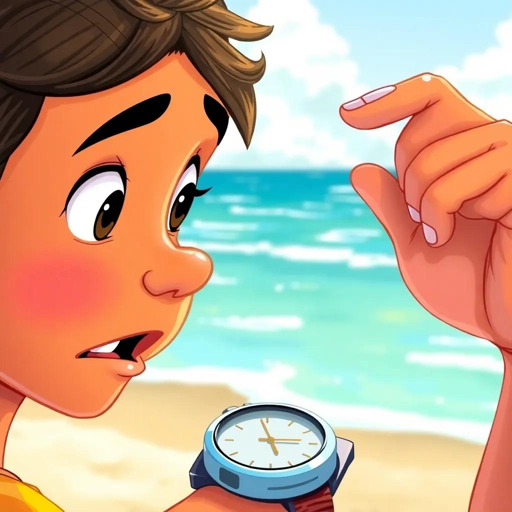 A close-up of Waleed looking at his watch with a surprised face, the watch showing it's time to go home, beach background, vibrant colors, high detail, child-friendly