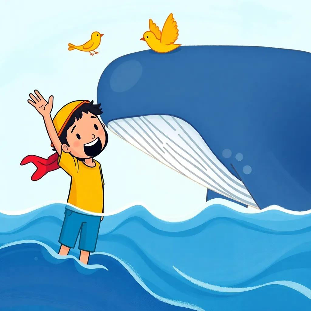 Waleed waving goodbye to the whale as it dives back into the sea, the little bird flying above his head and chirping, joyful farewell scene, colorful, heartwarming