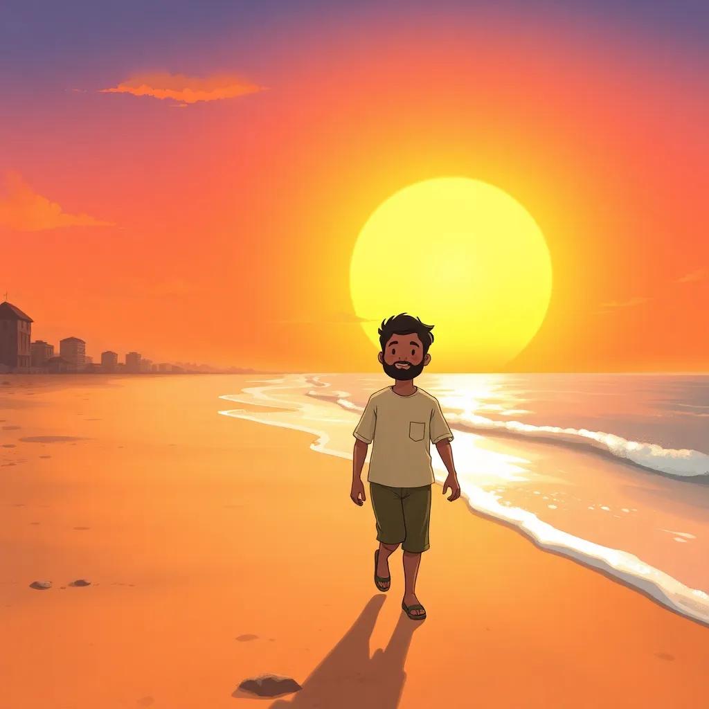 A wide shot of Waleed walking home along the beach, with the sea on one side and a bright sunset in the sky, feeling happy, digital illustration, warm glow, peaceful atmosphere