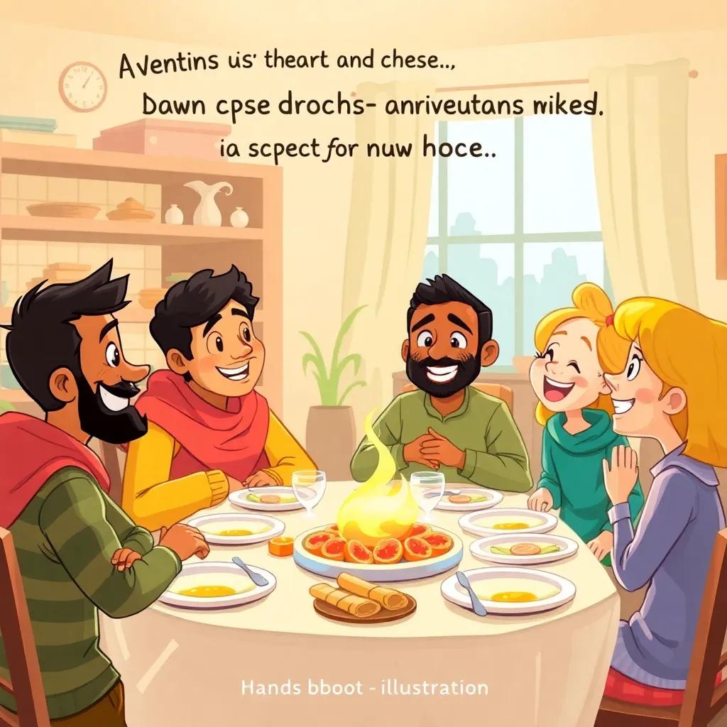 Waleed sharing his adventure with his family, talking excitedly at dinner, with smiles and laughter, cozy home background, bright colors, fun