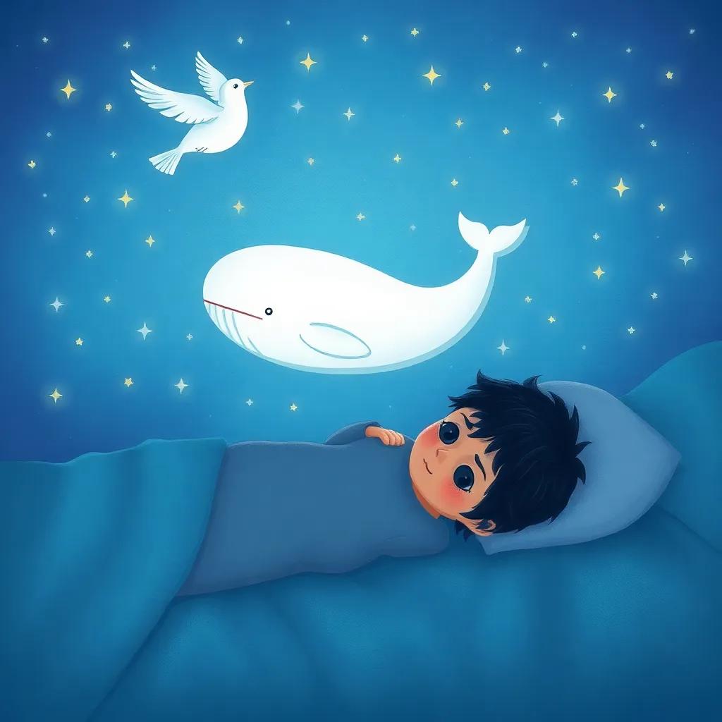 A dreamy scene of Waleed sleeping peacefully at night, dreaming of the white whale and the bird, filled with stars in the sky, enchanting, peaceful, soft colors