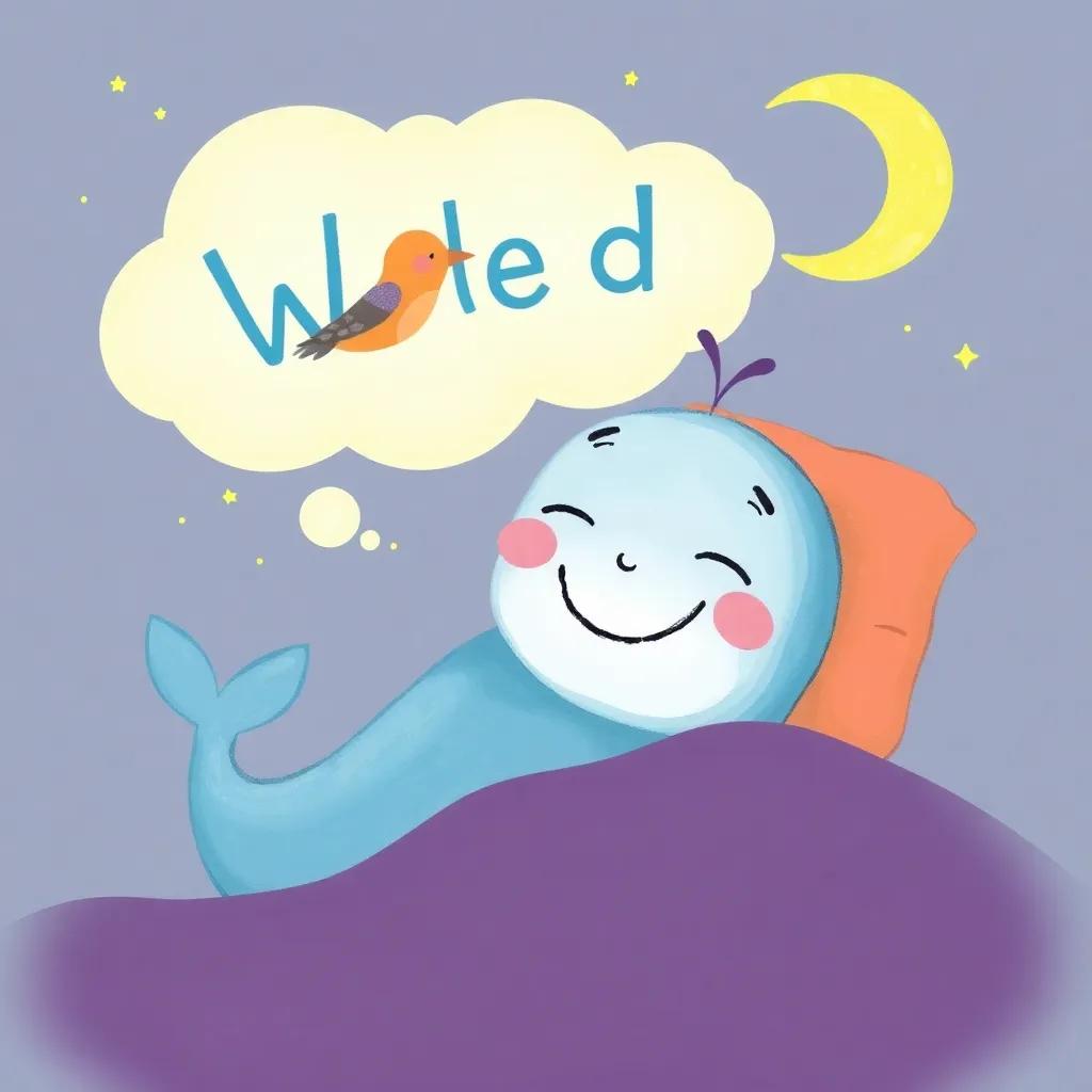 A fun illustration of Waleed smiling in his sleep, surrounded by a bright dream bubble showing the whale and bird together, cheerful, imaginative, colorful