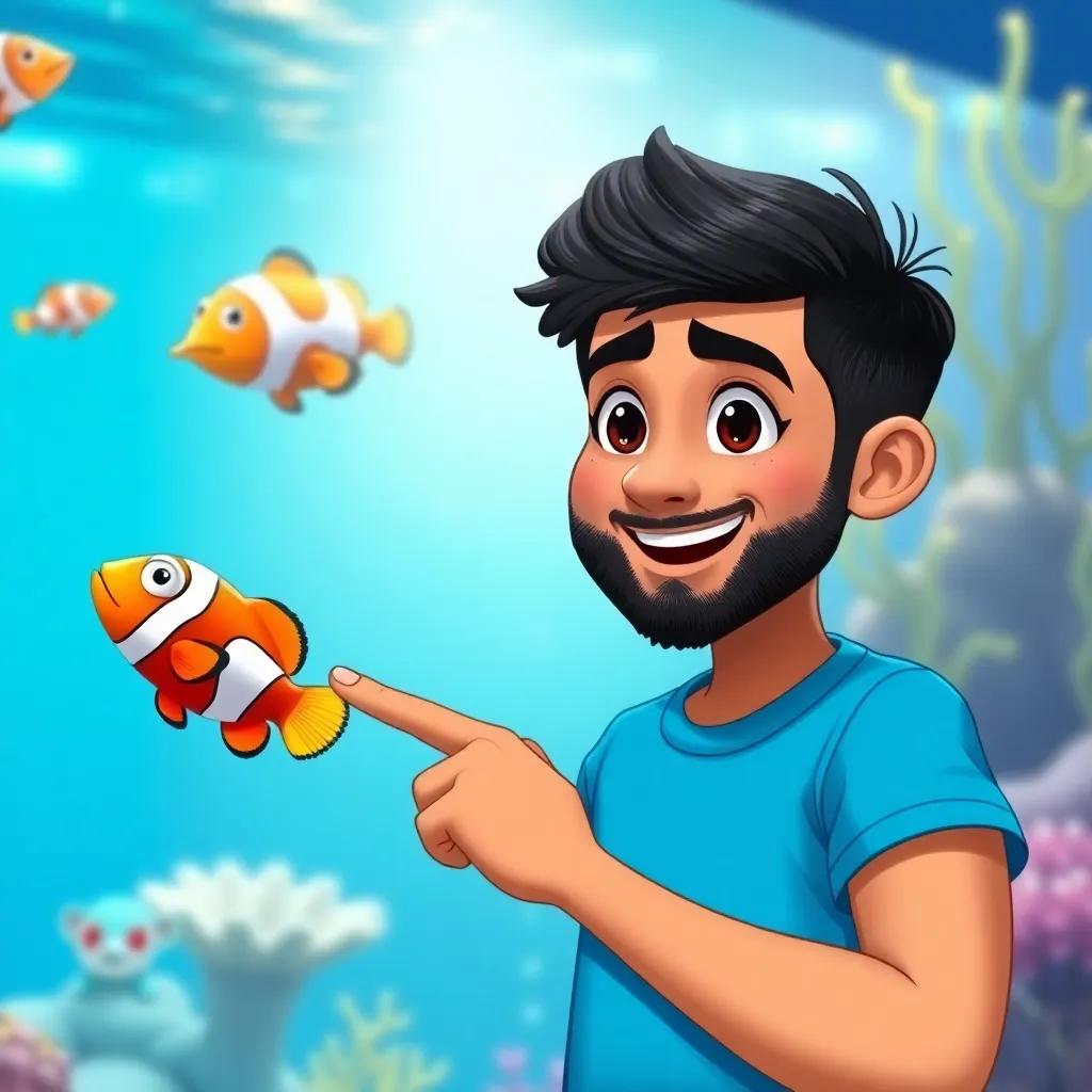 Waleed, with short black hair, wearing a bright blue t-shirt, pointing at a clownfish swimming in a tank, the aquarium is bright and colorful, illustration, cheerful, engaging, high quality