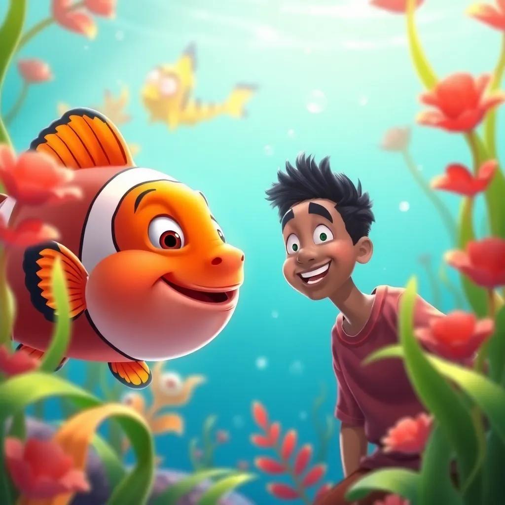 Waleed, smiling and watching a big clownfish, surrounded by water plants and bubbles, cheerful and playful atmosphere, illustration, vibrant colors, high quality