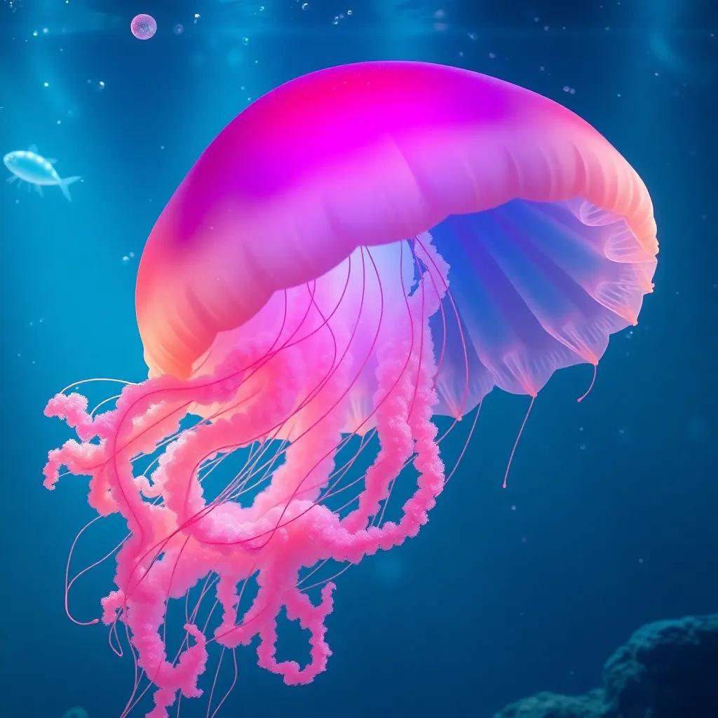 A big jellyfish floating in a tank, with Waleed looking amazed, soft glowing light from the jellyfish, magical shimmer, digital art, vibrant colors, delightful view, high quality