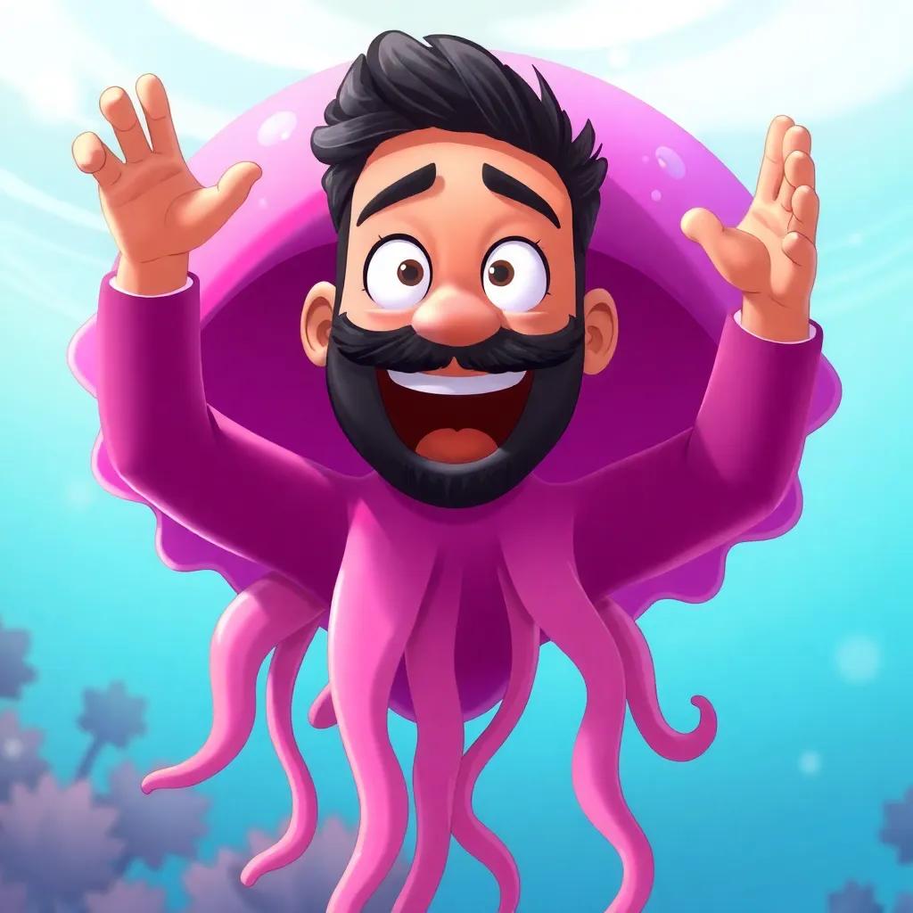 Waleed pretending to swim like a jellyfish, arms moving gracefully, cartoon style, fun, animated, digital painting, colorful background, high quality
