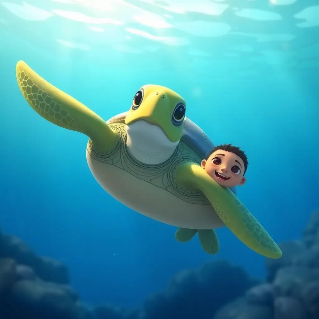 A wise sea turtle swimming slowly, Waleed beside it, wide smiles and bright lights, underwater view, illustration, heartwarming atmosphere, high quality