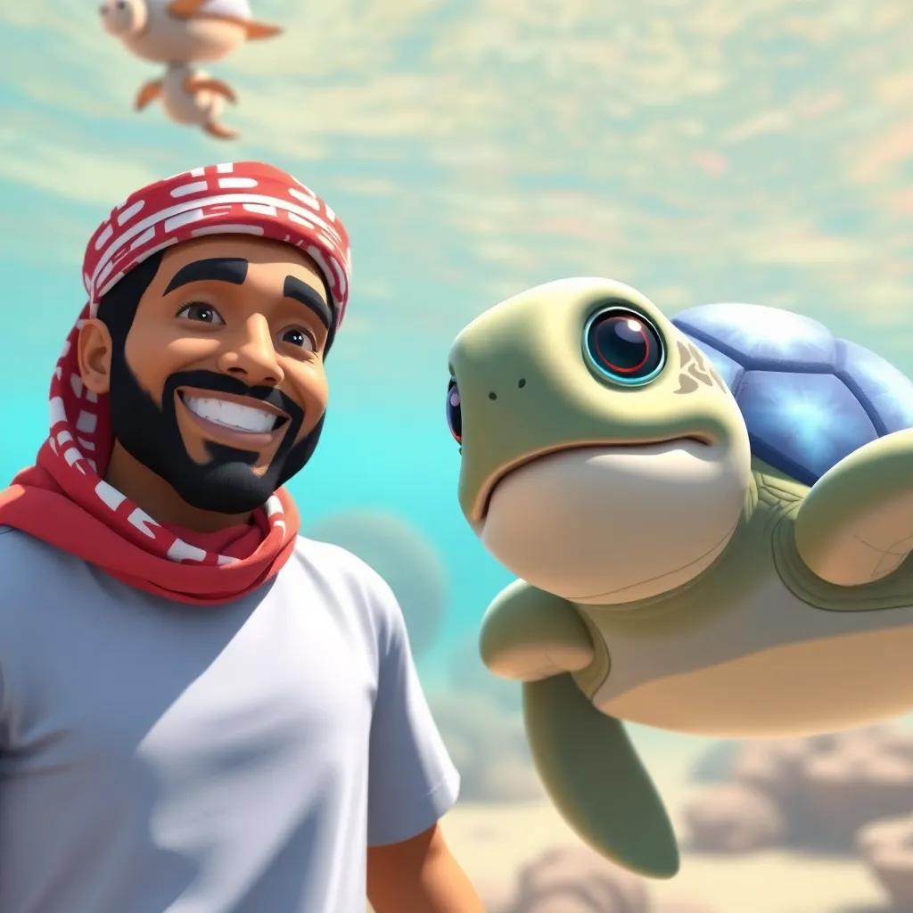 Waleed taking a cheerful picture with the sea turtle, bright colors, fun atmosphere, cartoon-style, digital art, happy moments, high quality