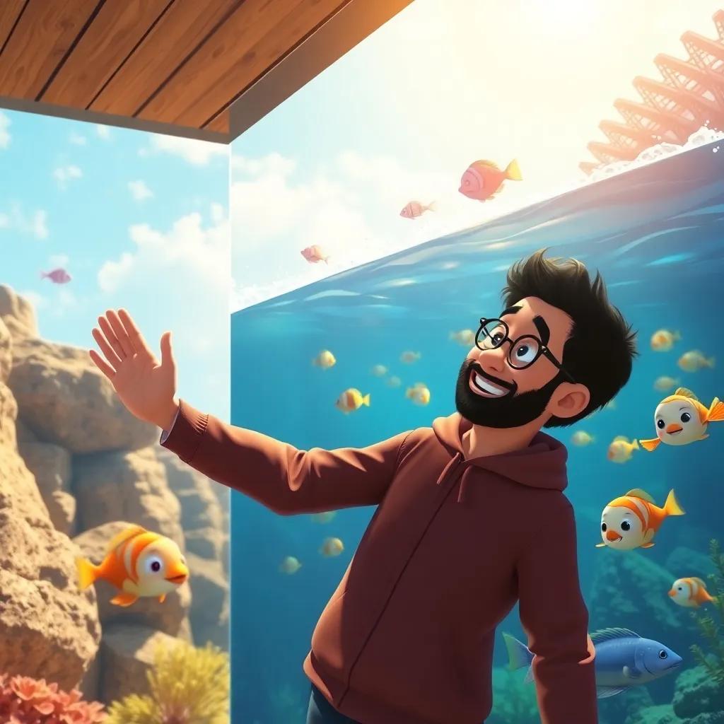 Waleed waving goodbye to the fish at the aquarium, sunny day outside, joyful scene with fish splashing water, vibrant colors, charming atmosphere, high quality