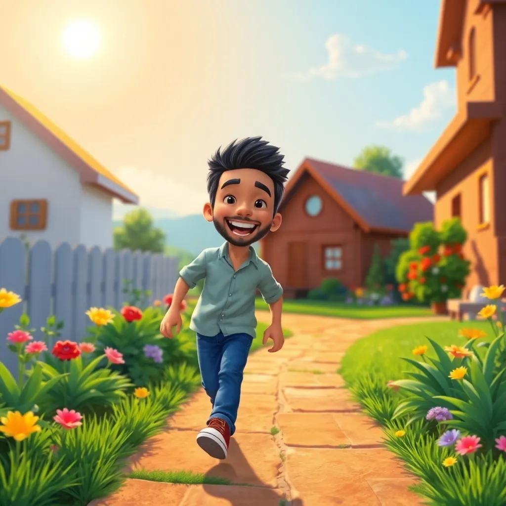 Waleed walking home with a big smile, sun shining bright, happy mood, skipping along the path, colorful scenery, digital art, joyful vibe, high quality