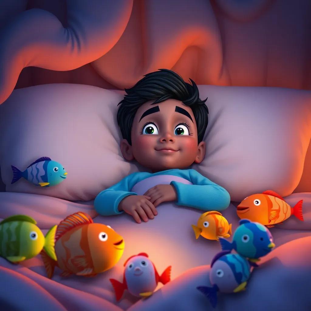 Waleed dreaming about his adventure, nestled in bed with fish toys around him, colorful nightlight glowing softly, cozy scene, warm colors, heartwarming ambiance, high quality