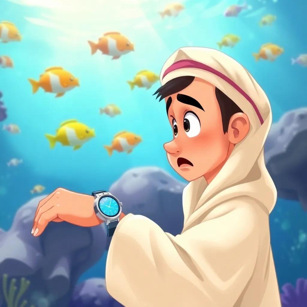 Waleed looking at his watch with a surprised expression, the aquarium in the background with fish swimming, digital painting, colorful, bright light, child-friendly, high quality