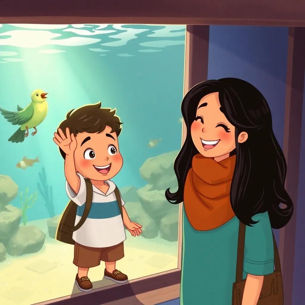Waleed waving goodbye to the bird, leaving the aquarium with his mom, smiling joyfully, digital art, warm colors, heartwarming scenes, high quality