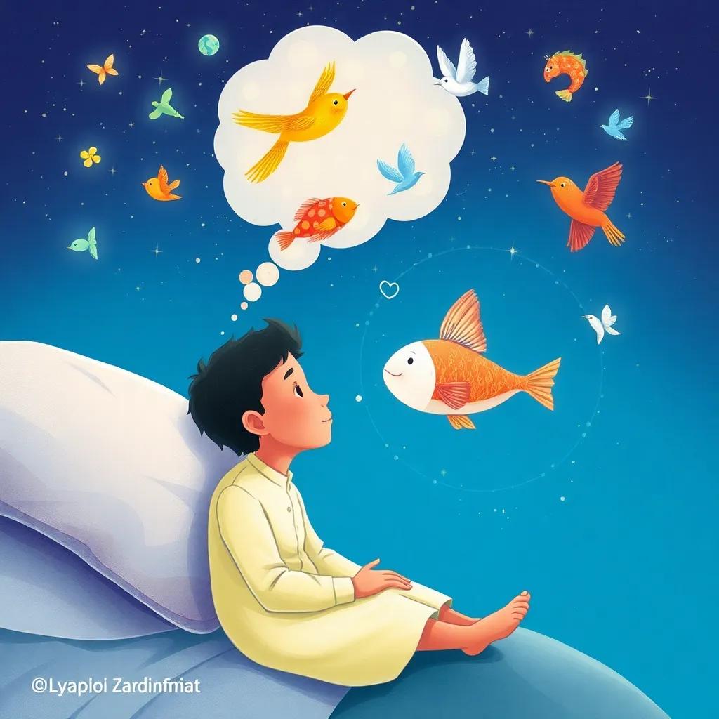 Waleed dreaming about fish and birds, with sparkles and colorful images swirling in his dreams, illustration, soft colors, whimsical and imaginative, high quality