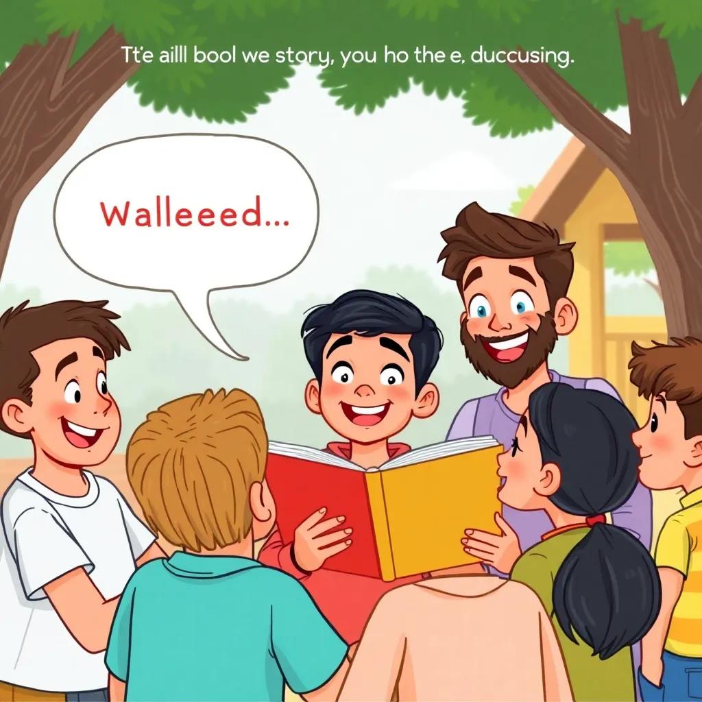Waleed sharing his story with friends, animatedly talking with wide smiles, surrounded by friends in a playground setting, illustration, lively colors, cheerful atmosphere, high quality