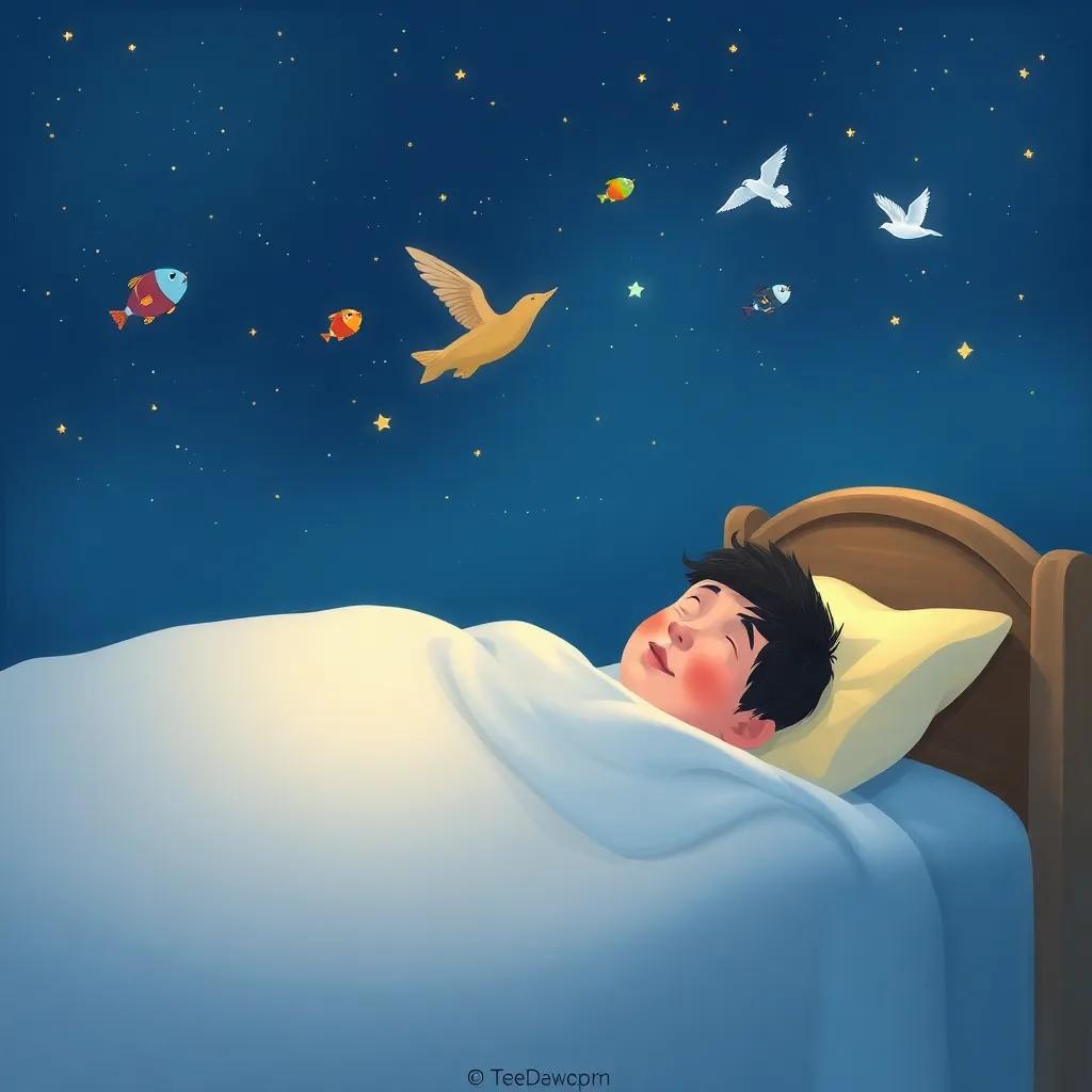 Waleed sleeping peacefully in his bed, dreaming of adventures with fish and birds under a starry night sky, digital painting, calming colors, serene ambiance, high quality