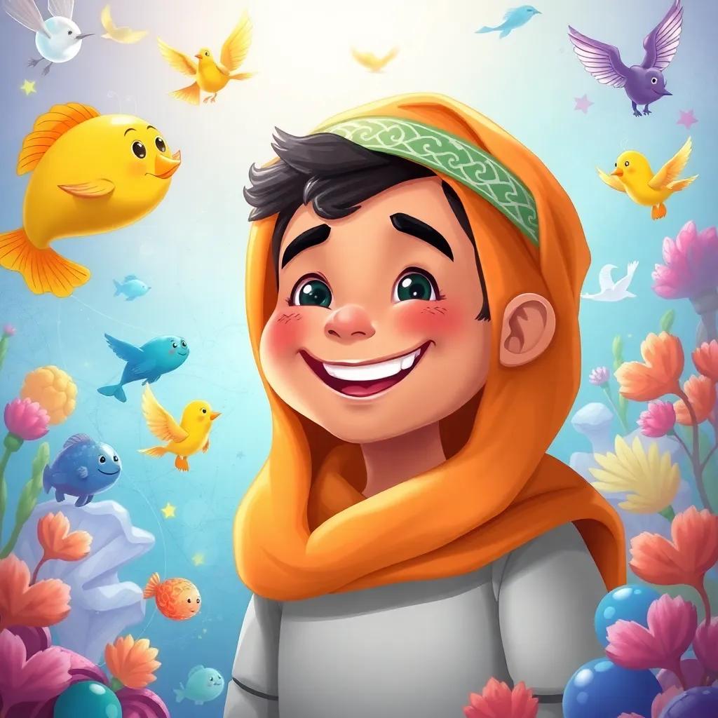Waleed with a big smile, surrounded by imaginary fish and birds, colorful and vibrant, in his dream world, digital art, enchanting scene, child-friendly, high quality