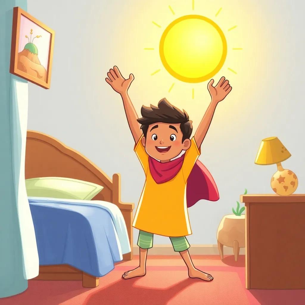 Waleed starting his next adventure in the morning, excitedly stretching with a bright sun shining in his room, illustration, cheerful colors, optimistic atmosphere, high quality