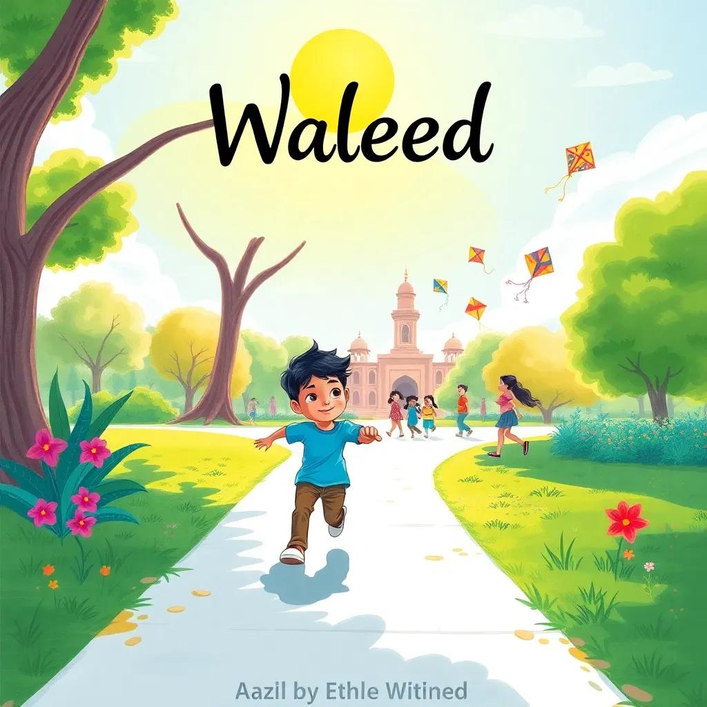 Waleed, a boy in a blue shirt, running towards a vibrant park, sun shining down, friends playing with colorful kites in the background, cheerful environment, lively colors, engaging imagery