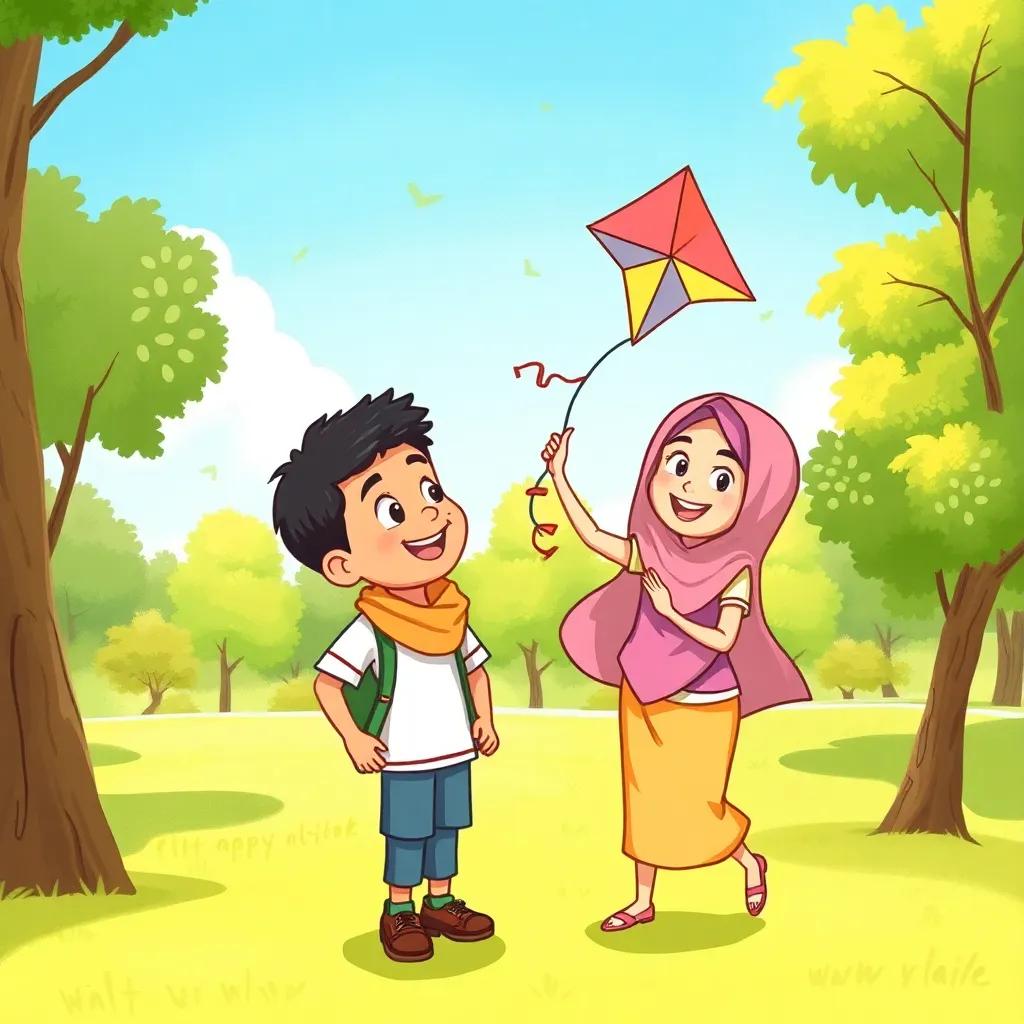 Waleed watching his friend Sarah with a colorful kite, both smiling in a sunny park, surrounded by trees and blue sky, dynamic scene, bright and inviting