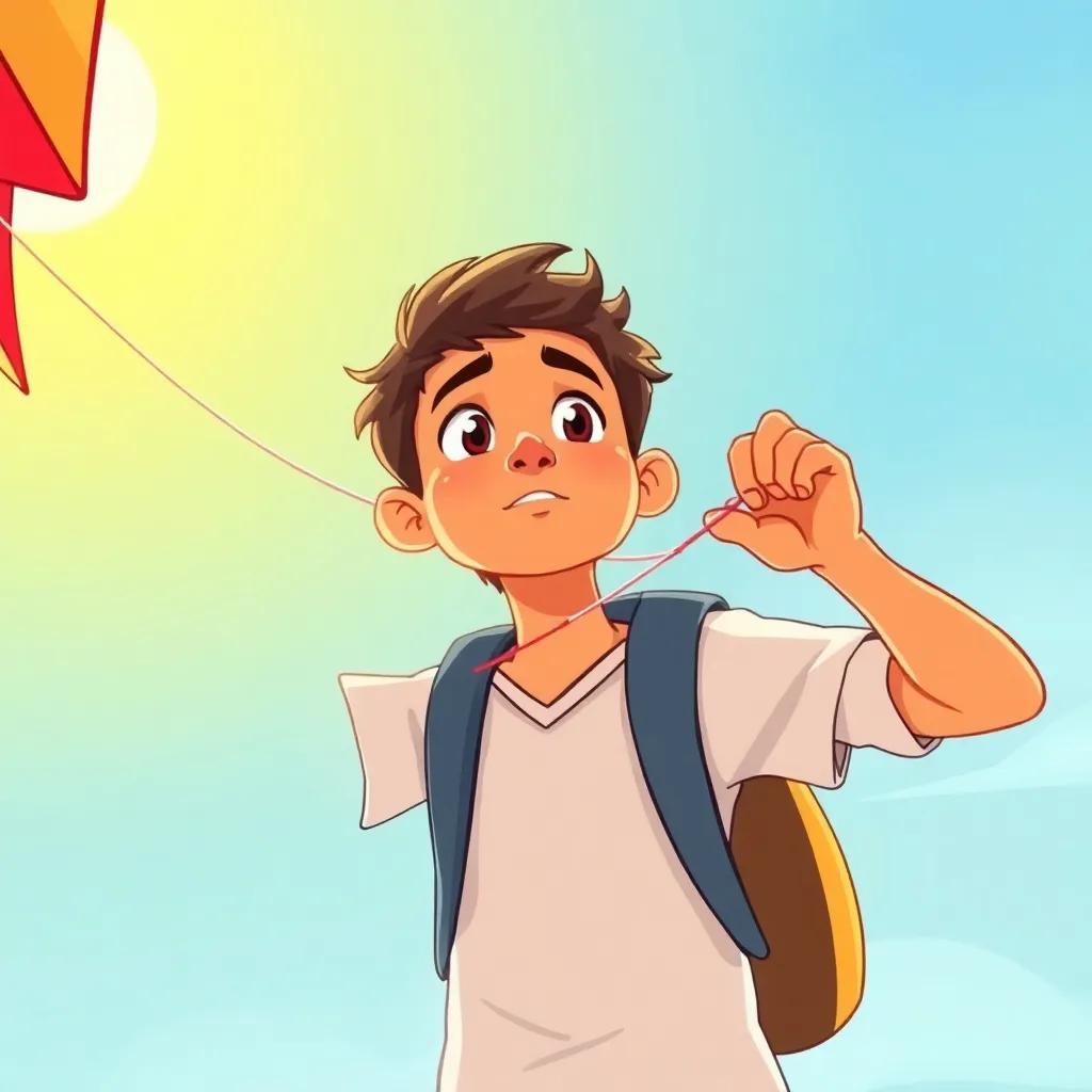 Waleed holding a kite string tightly, looking determined as the wind pulls at his kite, sunny day, sense of adventure, vivid colors, high-quality illustration