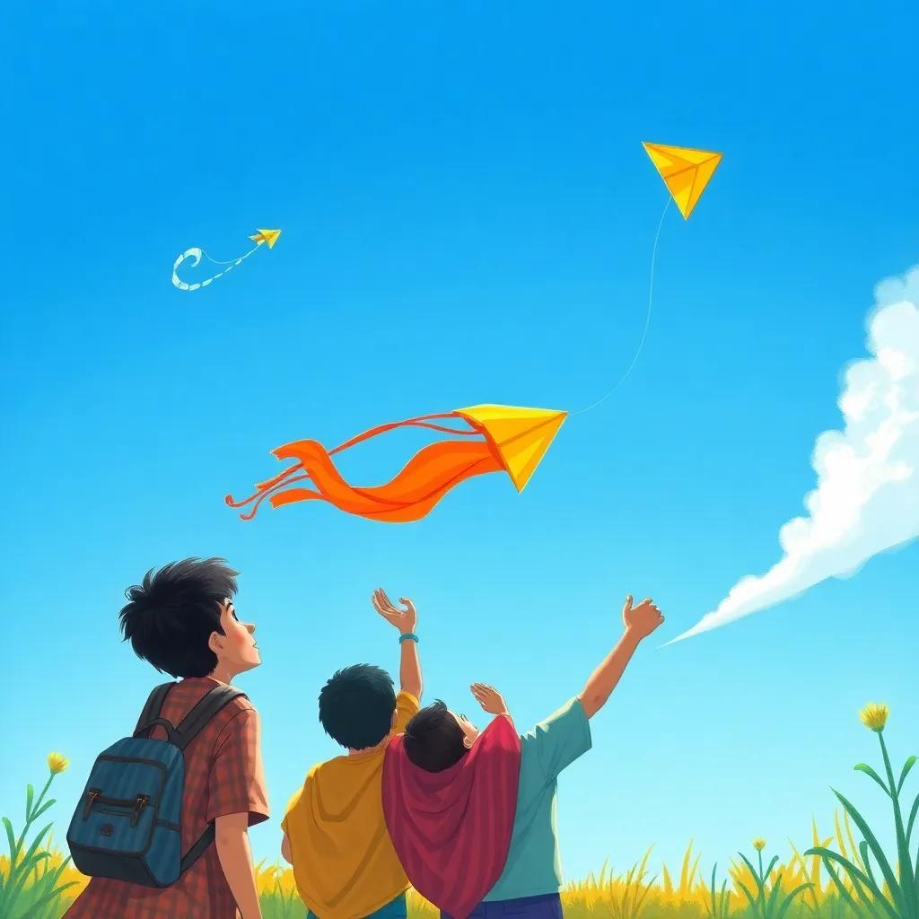 Waleed's kite soaring against a clear blue sky, friends cheering him on, feeling triumphant, colorful nature, uplifting atmosphere, detailed imagery