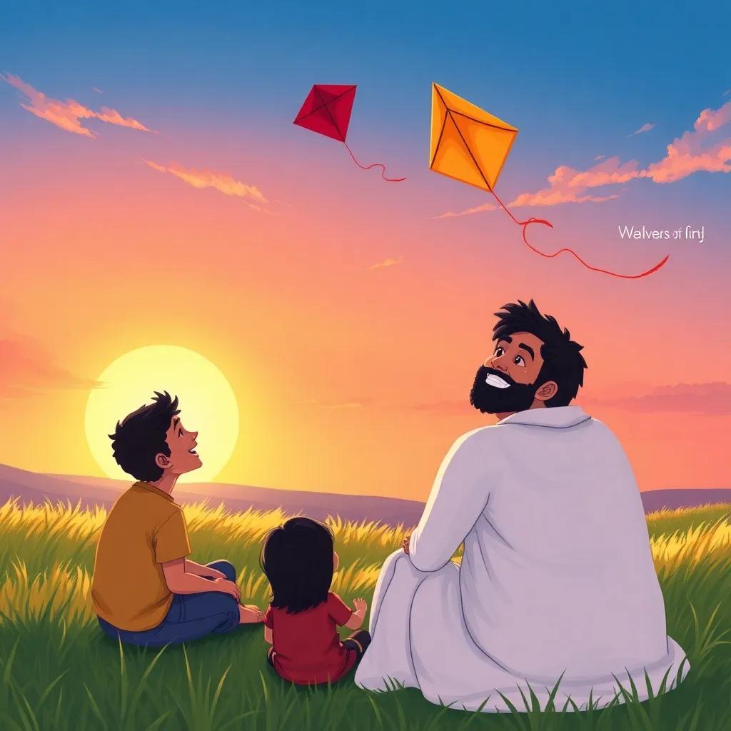 Waleed smiling triumphantly as his kite flies high, beautiful sunset in the background, friends sitting on grass, joyful scene, rich colors, heartwarming perspective