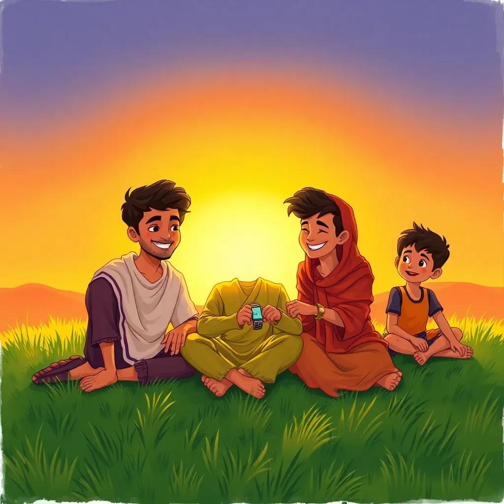 Waleed and friends sitting on green grass, sunset lighting, Waleed checking his watch with a smile, relaxed and happy vibe, warm tones, rich imagery