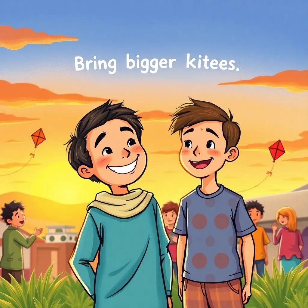 Waleed smiling while his friend suggests bringing bigger kites, friendly expressions, sunset colors surrounding them, cheerful gathering, inviting atmosphere