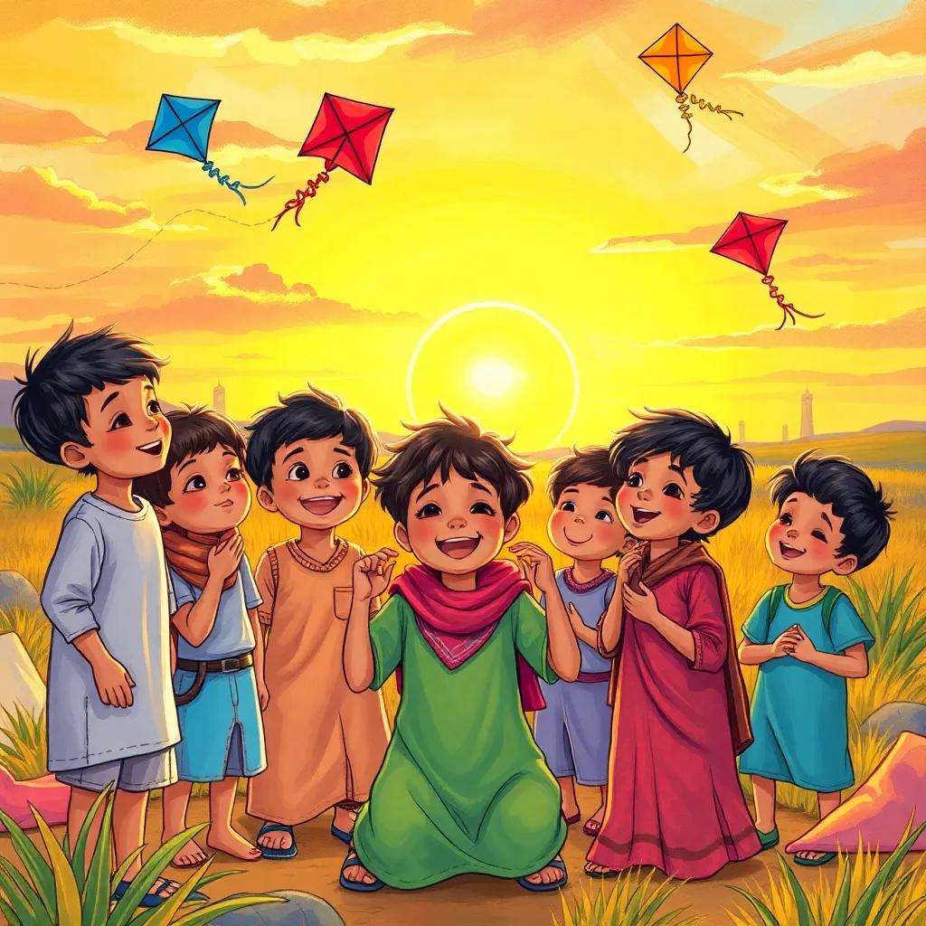 A group of children including Waleed, packing up kites at sunset, laughter and joy in the air, colorful environment, vivid details, heartwarming imagery