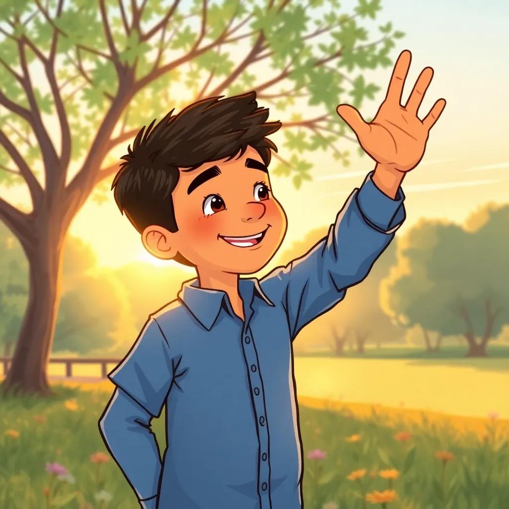 Waleed waving goodbye, his blue shirt catching the last sunlight, happy and content, lovely park backdrop, warm and nostalgic scene, magical atmosphere