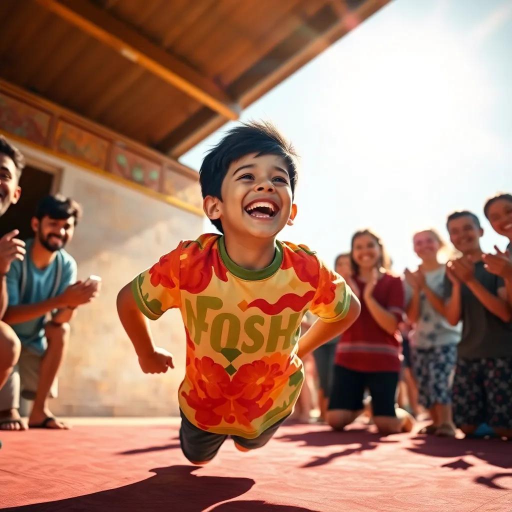 Wasim, a young boy with short black hair, jumping up after push-ups, wearing a colorful t-shirt, laughing with friends who are smiling and clapping, bright sun shining, joyful scene, fun energy, impressive details, high quality