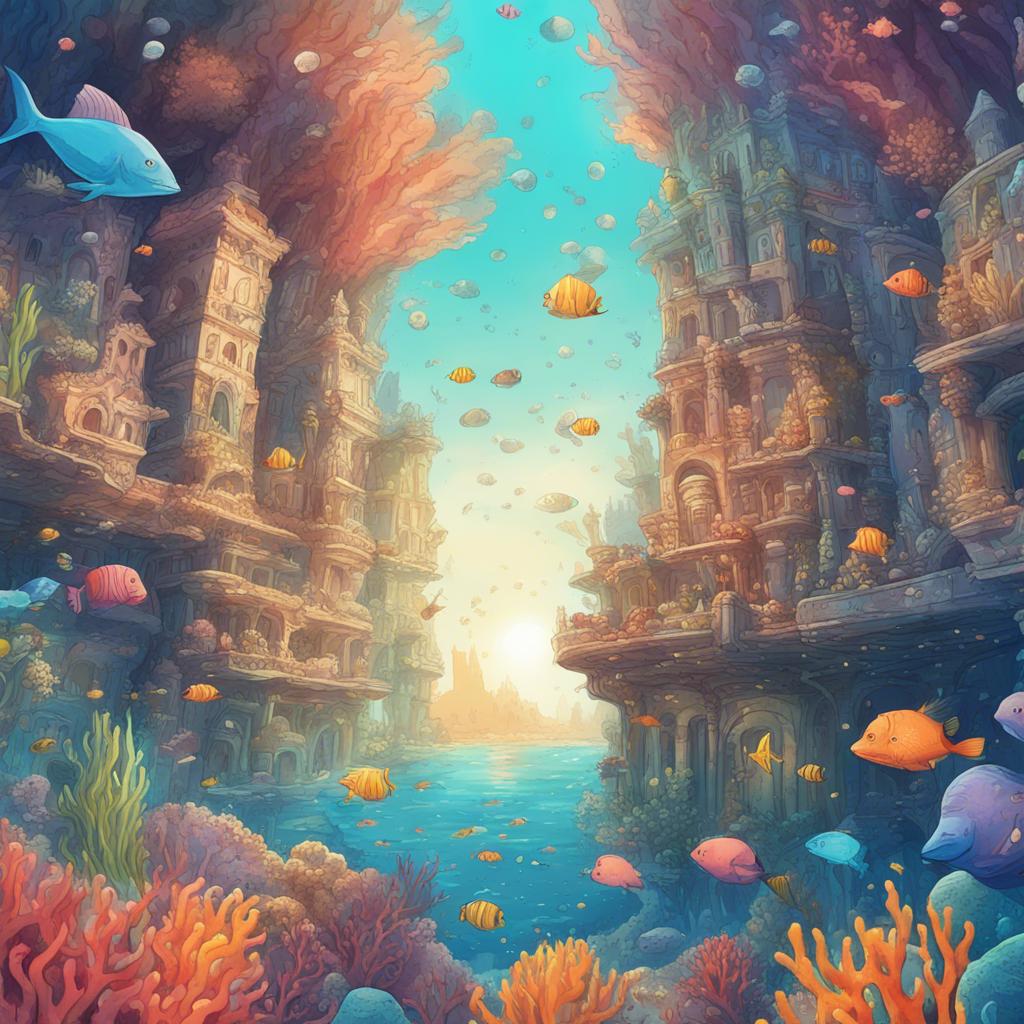 A colorful underwater city of CoralCove with vibrant coral reefs sparkling in the sunlight, featuring a crowd of sea creatures looking worried, digital art, bright colors, cheerful atmosphere, underwater perspective, high quality