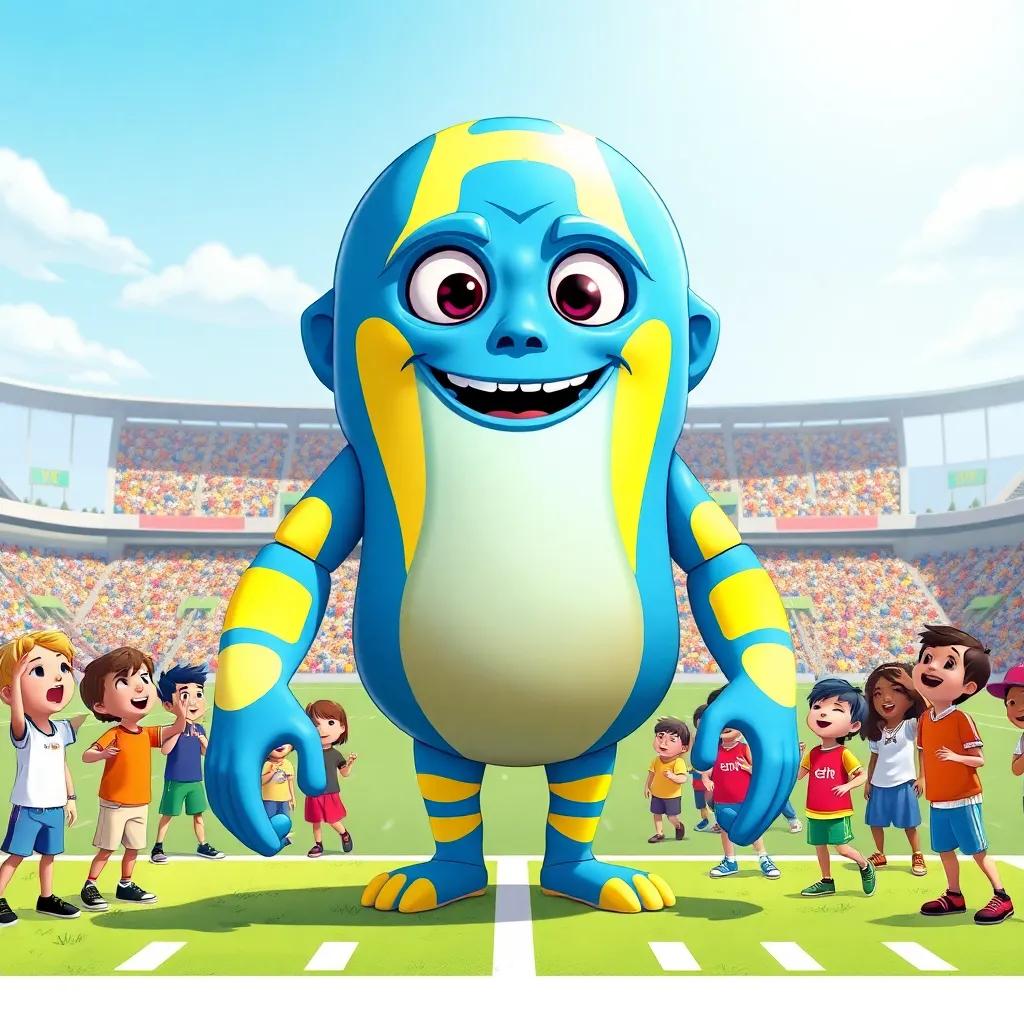 Waybig, the giant alien with blue skin and yellow stripes, at a sunny football field with kids cheering around him, looking excited and ready to play, illustration, colorful, cheerful, high energy