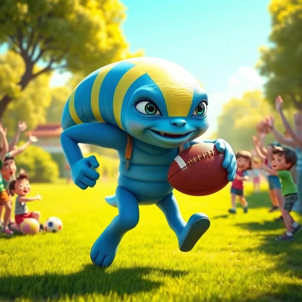 Waybig, the giant alien with blue skin and yellow stripes, running with the football, kids cheering him on, bright sunshine, joyful atmosphere, dynamic action, lively