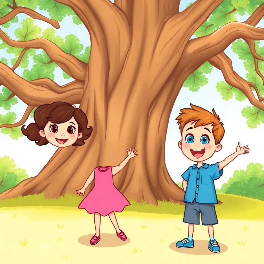 Lila and Sam, best friends, with Lila having brown curls and wearing a pink dress, and Sam with bright blue eyes wearing a blue shirt and shorts, excitedly standing beneath an old oak tree, sunny day, cheerful atmosphere, vibrant colors, high quality