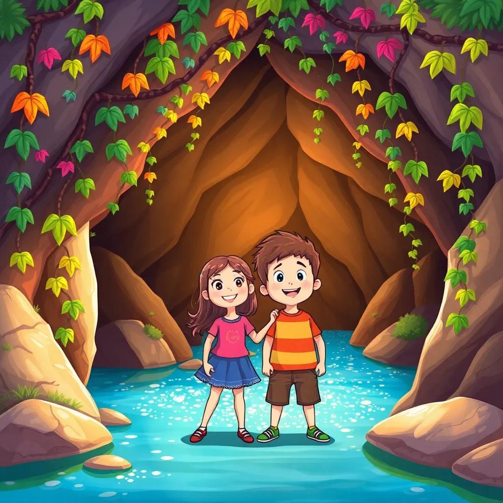 Lila and Sam, best friends, standing at the entrance of a colorful vine-covered cave by a sparkling river, both with expressions of excitement and wonder, digital art, bright colors, adventurous mood, high quality