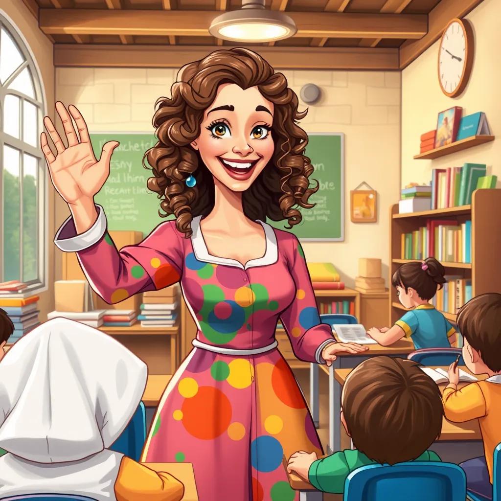 A friendly teacher with curly brown hair in a colorful dress waving at children, classroom filled with books and supplies, warm setting, illustration, bright and inviting, child-friendly style, high quality
