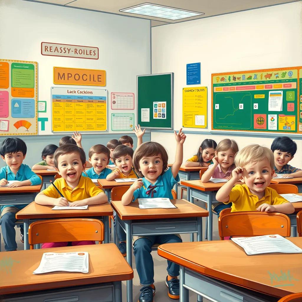 A classroom with desks and name tags, children sitting down excitedly holding pencils, colorful classroom charts on the walls, learning environment, digital painting, bright colors, engaging scene, high quality