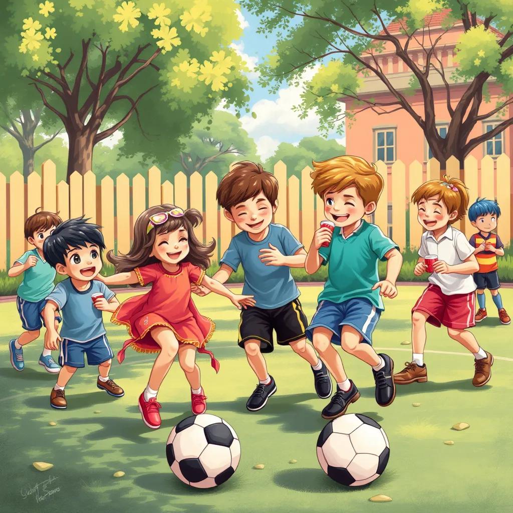 Children playing soccer and jumping rope in the playground, sharing snacks, laughter all around, warm sunny day, joyful atmosphere, illustration, vibrant colors, energetic scene, high quality