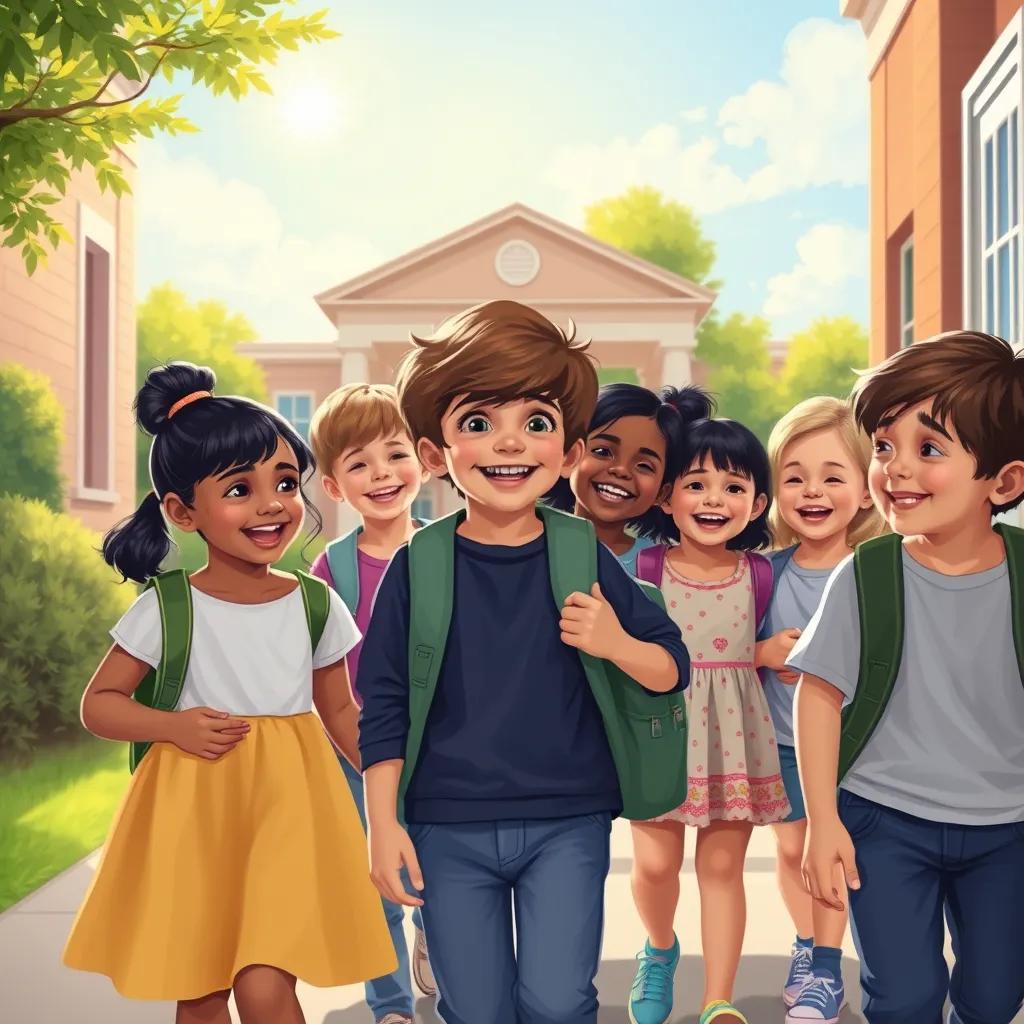 Kids leaving school happily, talking about their day, sunny backdrop, children of various backgrounds, sharing smiles, heartwarming scene, digital art, bright and colorful, uplifting imagery, high quality