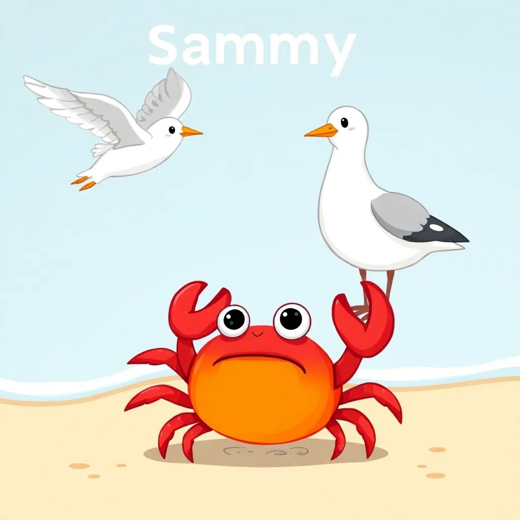 A little crab named Crabby looking up at a seagull named Sammy, Crabby has a red shell and big eyes, Sammy is gray with white wings, standing on a sandy beach with waves, playful scene, lighthearted and fun, vibrant colors, high quality