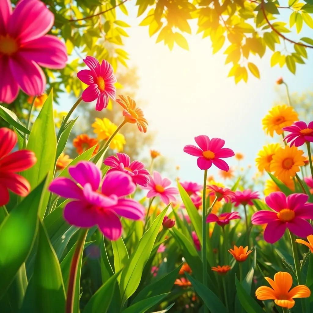 A colorful garden with bright flowers reaching for the sun, green leaves swaying in the breeze, warm sunlight shining down on them, digital art, vibrant, cheerful atmosphere, high quality