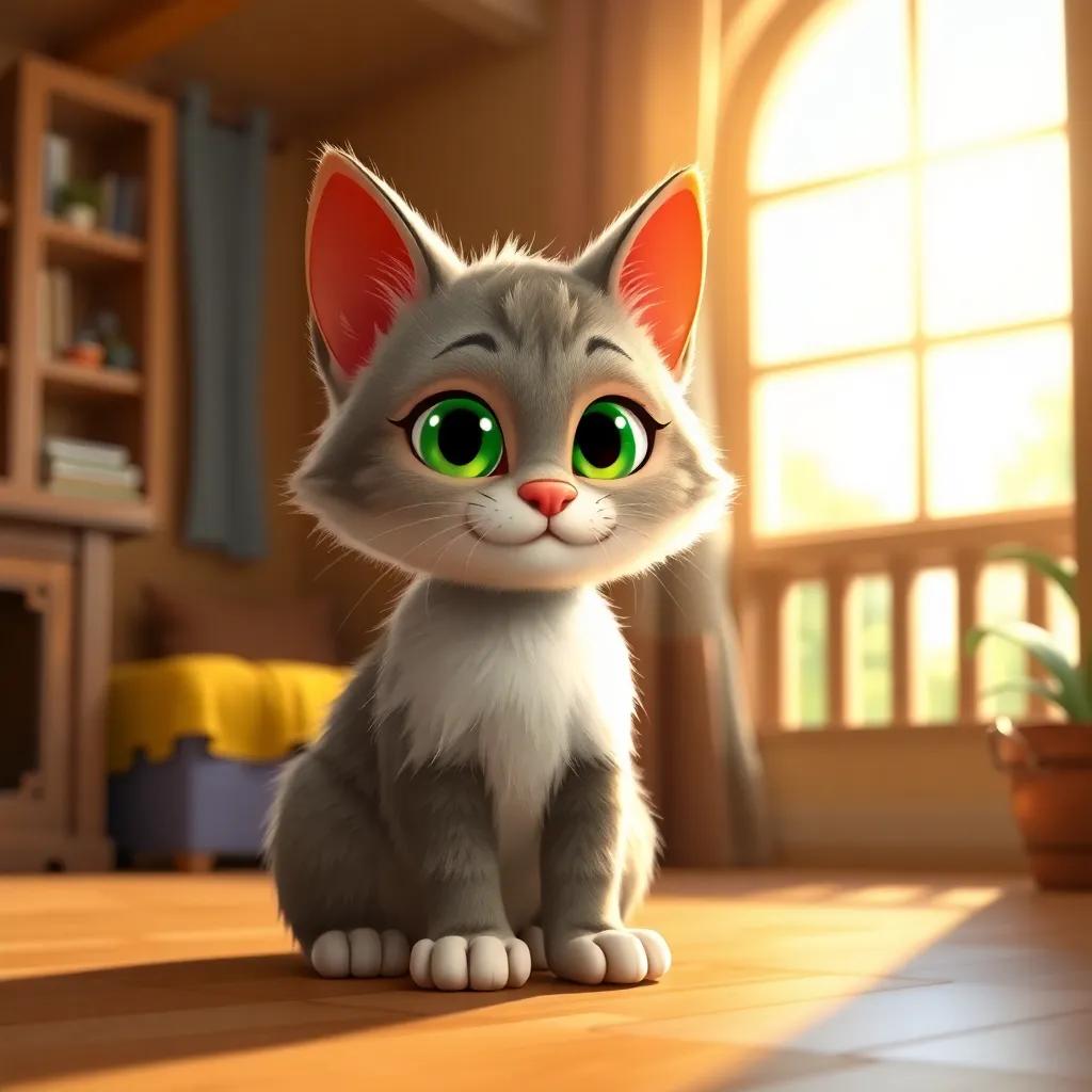 Whiskers, a brave cat with fluffy fur and bright green eyes, sitting in a big, cozy house with a warm sun shining through the window, cheerful and inviting ambiance, digital art, vibrant colors, high quality